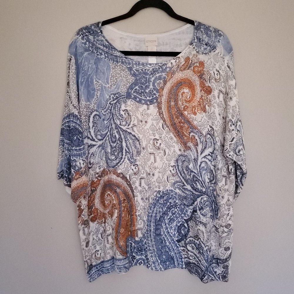 Chico's blue/white paisley print knit top LP